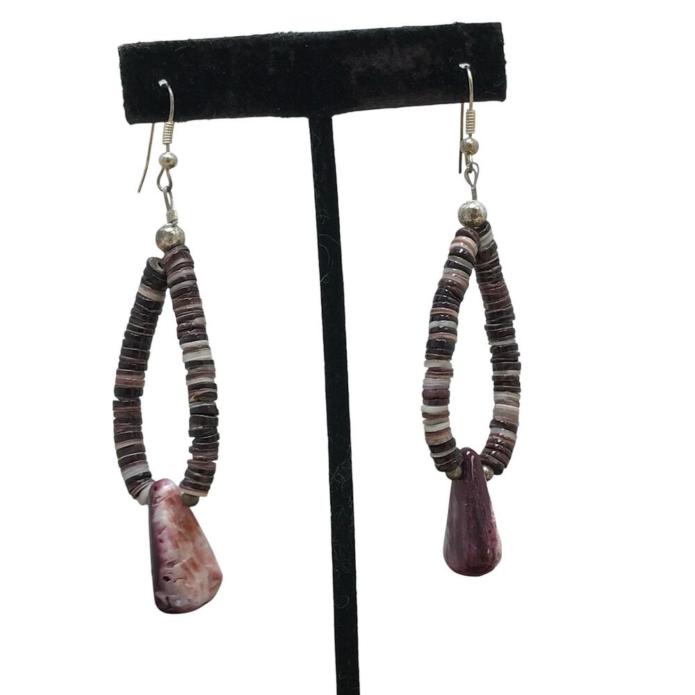 Navajo Purple Spiny Oyster Heishi Stacked Sterling Silver Earrings 12g 3”